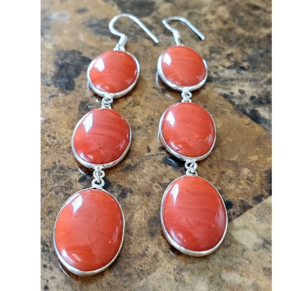 Genuine Solid Red Agate Drop Earrings 4" Long - image 1